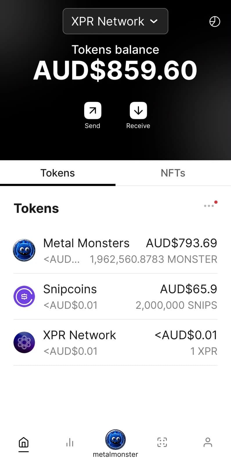 WebAuth wallet on iPhone showing a $MONSTER token balance alongside Snipcoins and XPR