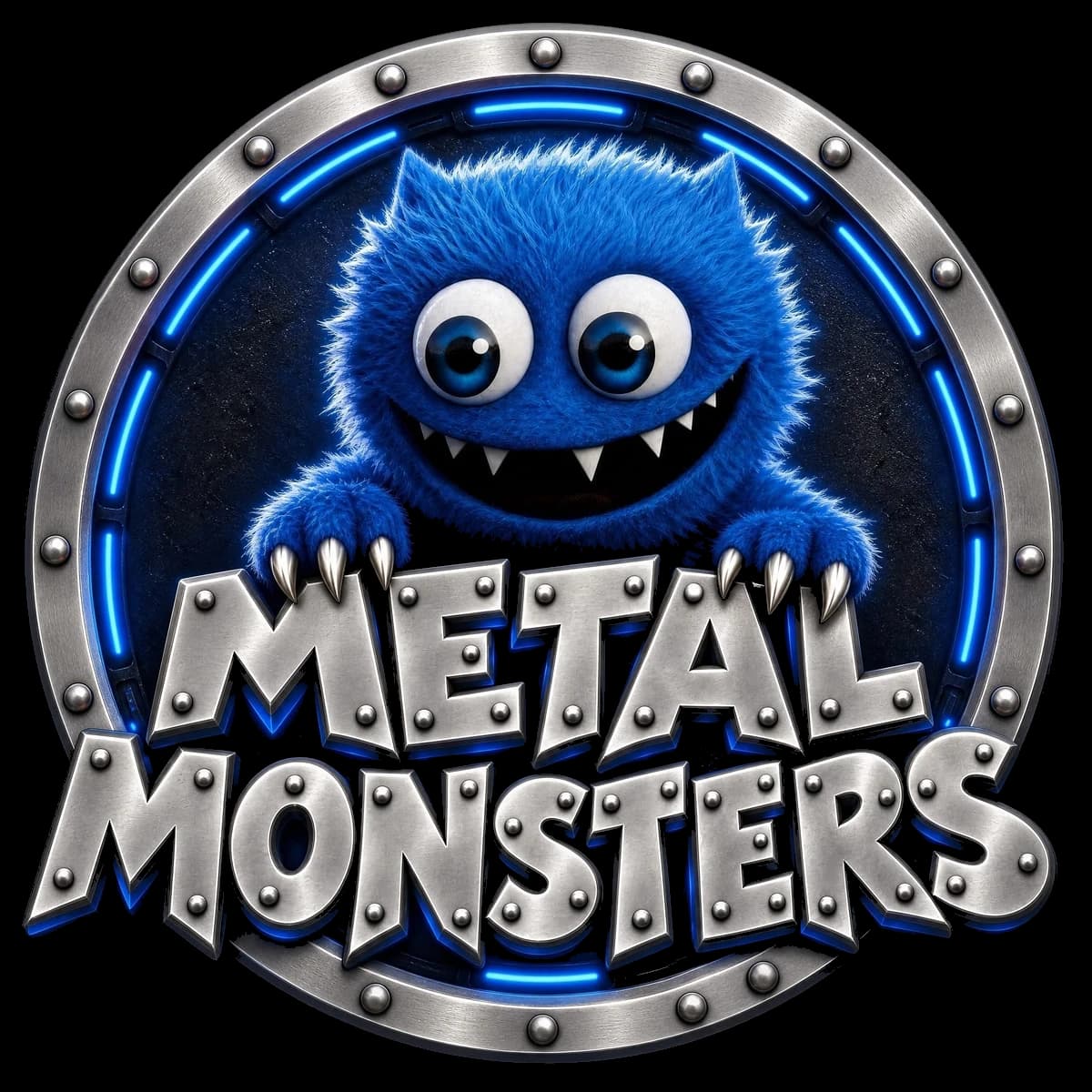 Blue Metal Monster in an illuminated steel ring above metallic Metal Monsters lettering