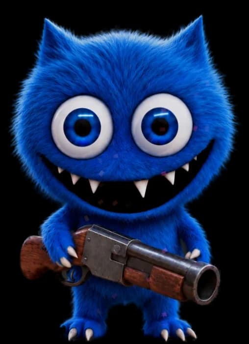 A sneak peek of a blue furry monster with huge eyes and a toothy grin, holding a shotgun