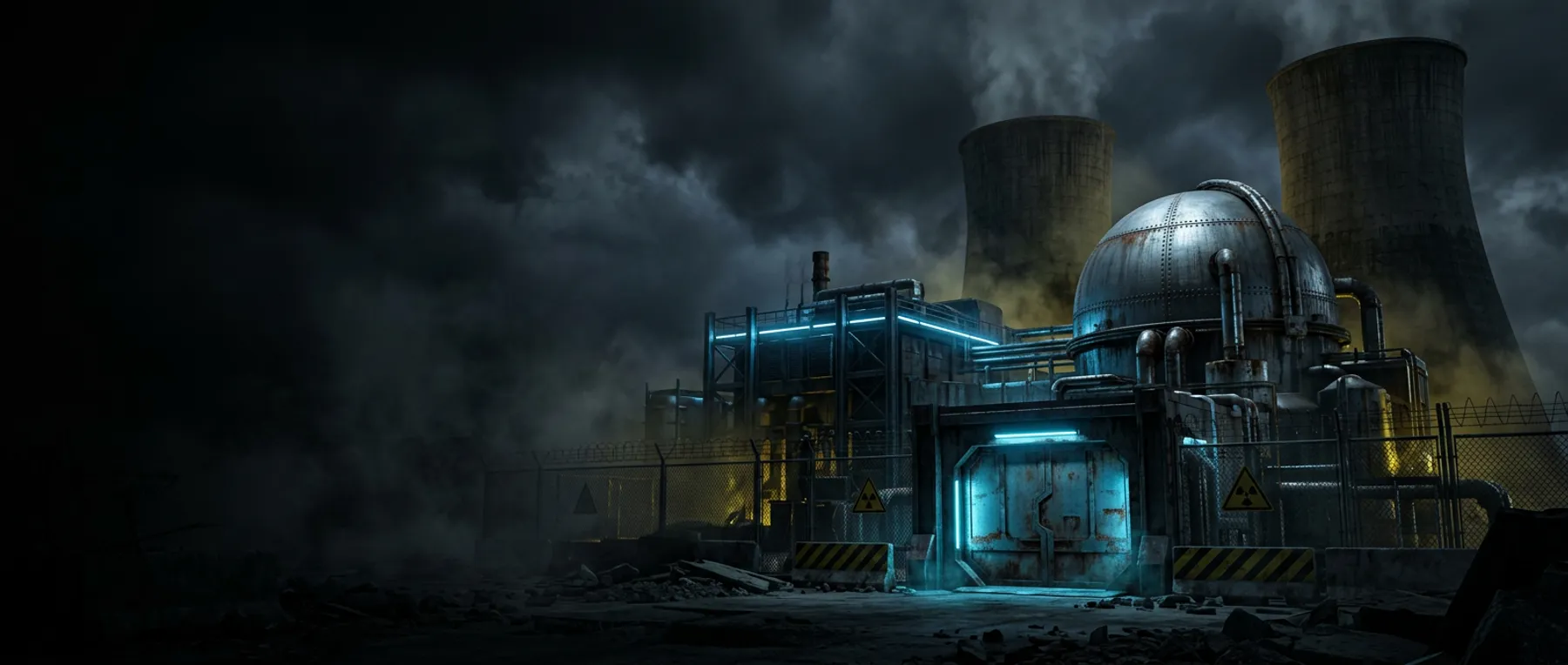 A sealed nuclear reactor at night, cooling towers venting steam behind a blue-lit steel blast door and radiation warning signs